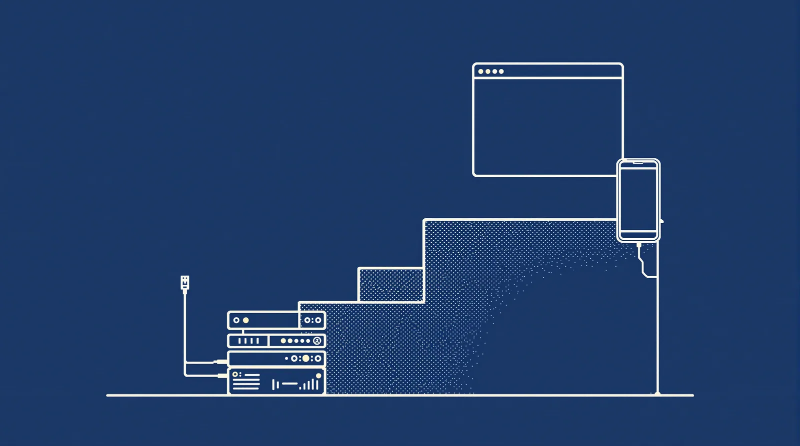 Line drawing of a server stack linked by a cable to a browser window and phone on rising steps, showing a phased headless move.