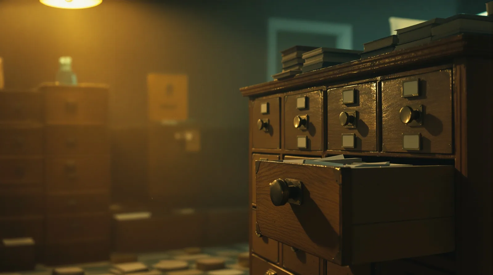 Vintage card catalogue in a dim archive room with warm amber light and scattered index cards